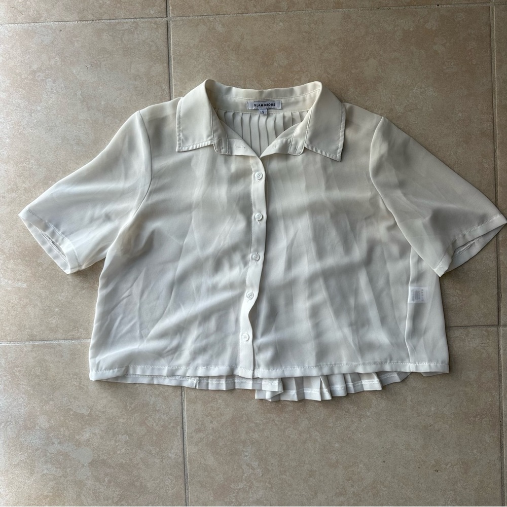 Glamorous Sheer White Button Down Crop Top with Pleated Back